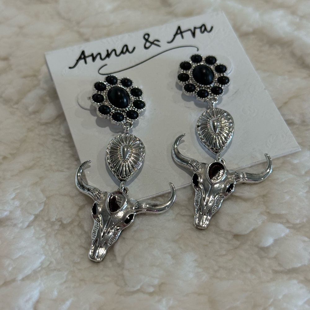 Anna & Ava RODEO Silver and Black Bull Skull Earrings